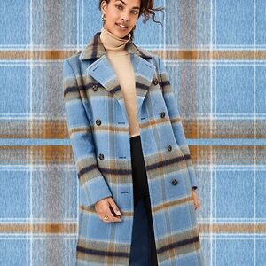 Ann Taylor Blue and Brown Plaid Trench Coat